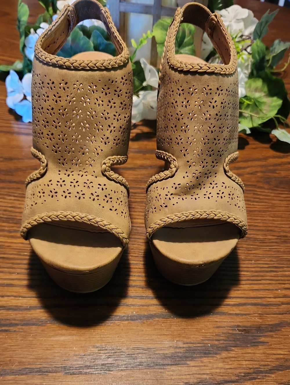 Report Tan Braided Cutout Peep-Toe Wedge Sandals